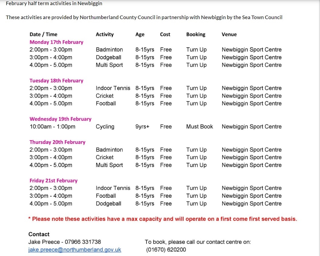 February Half Term Leisure Programme 2020 Newbiggin by the Sea Town